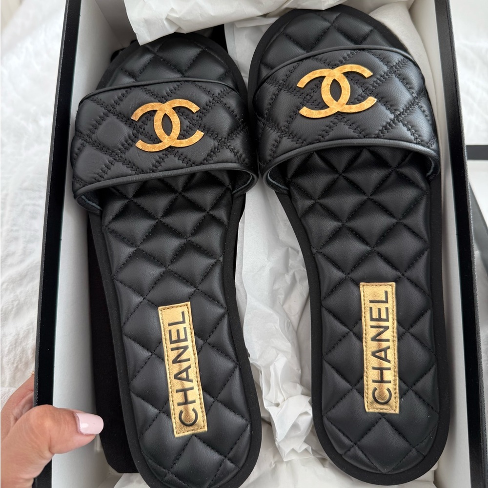 Chanel Black and Gold Quilted Sandals with Iconic CC Logo